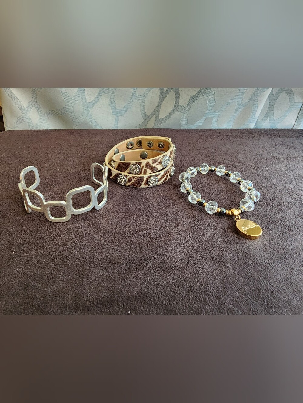 Rustic Cuff 3 Bracelet Lot Zebra Leather Wrap, Beaded "Faith" & Geometric Cuff